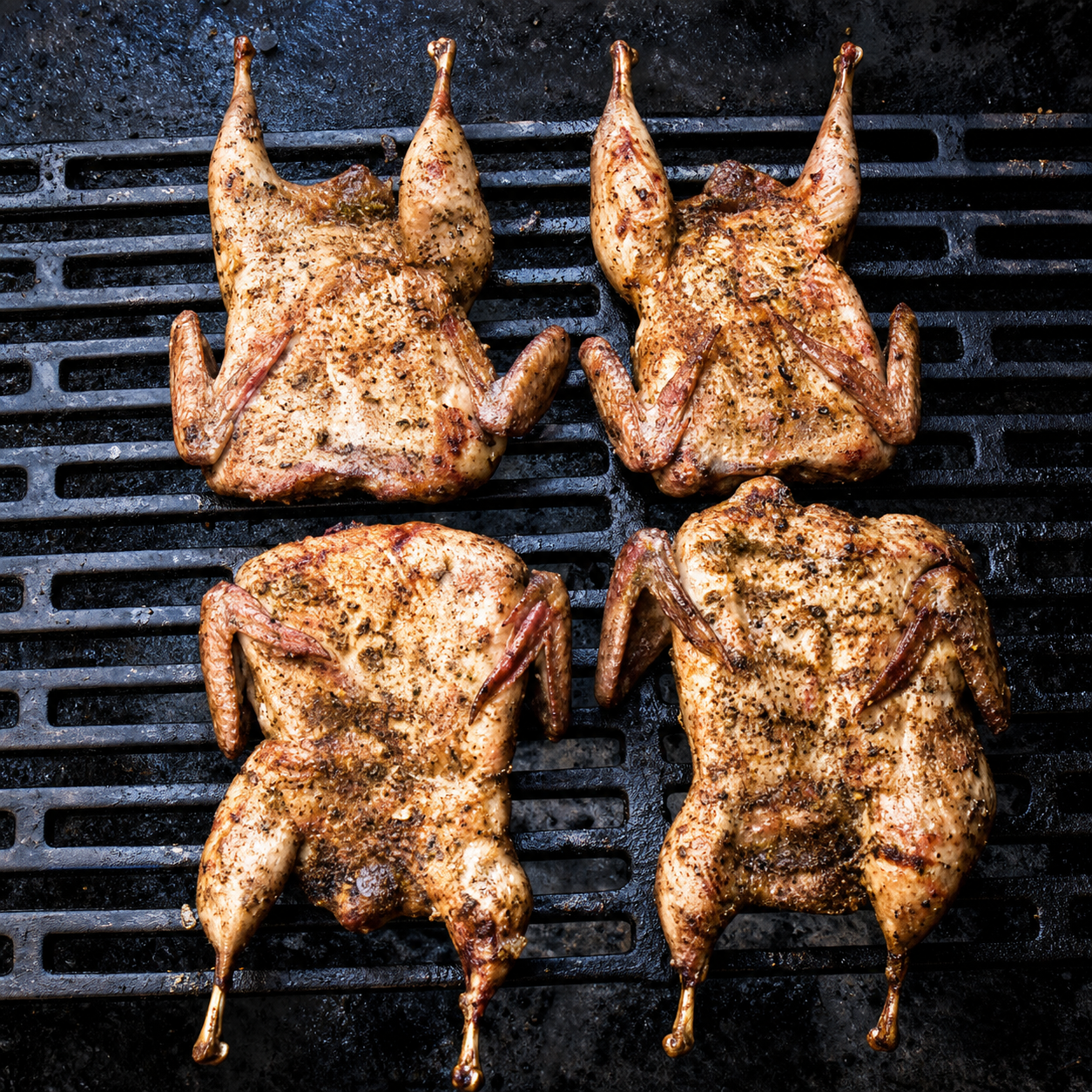Four Texas farm-raised quail cooked on a grill